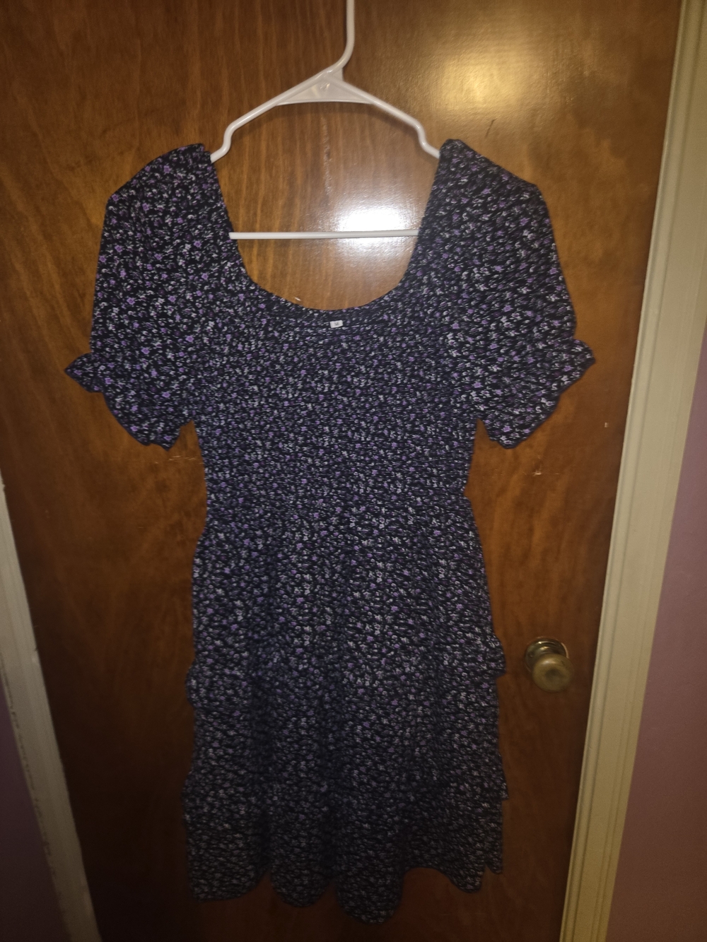 Floral Smocked Navy Blue Midi Dress with Lilac Print